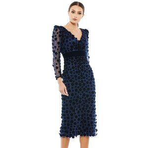Mac Duggal Embellish V Neck Illusion Long Sleeve Column Midi in Midnight